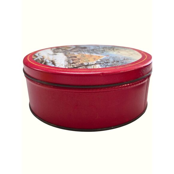 Vintage Round Red Tin Box With Winter Village Scene Lid Metal Storage Container - Picture 3 of 7